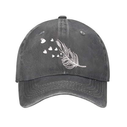 Feather And Hearts Print Distressed Baseball Cap