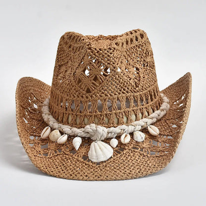 Summer Hand Woven Straw Hat For Women Shell Decoration Holiday Beach Sun Hat
