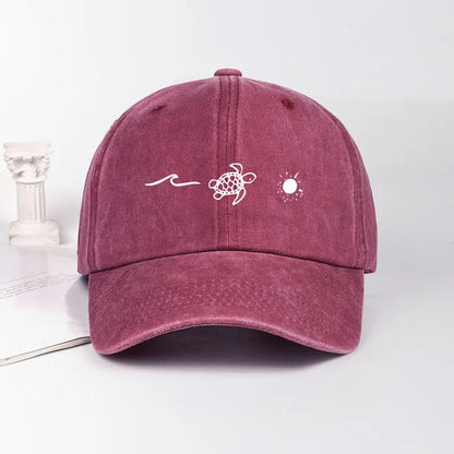 Retro Washed Baseball Cap With Wave Turtle and Sun Print Unisex Adjustable Dad Cap Summer Beach Sun Hat
