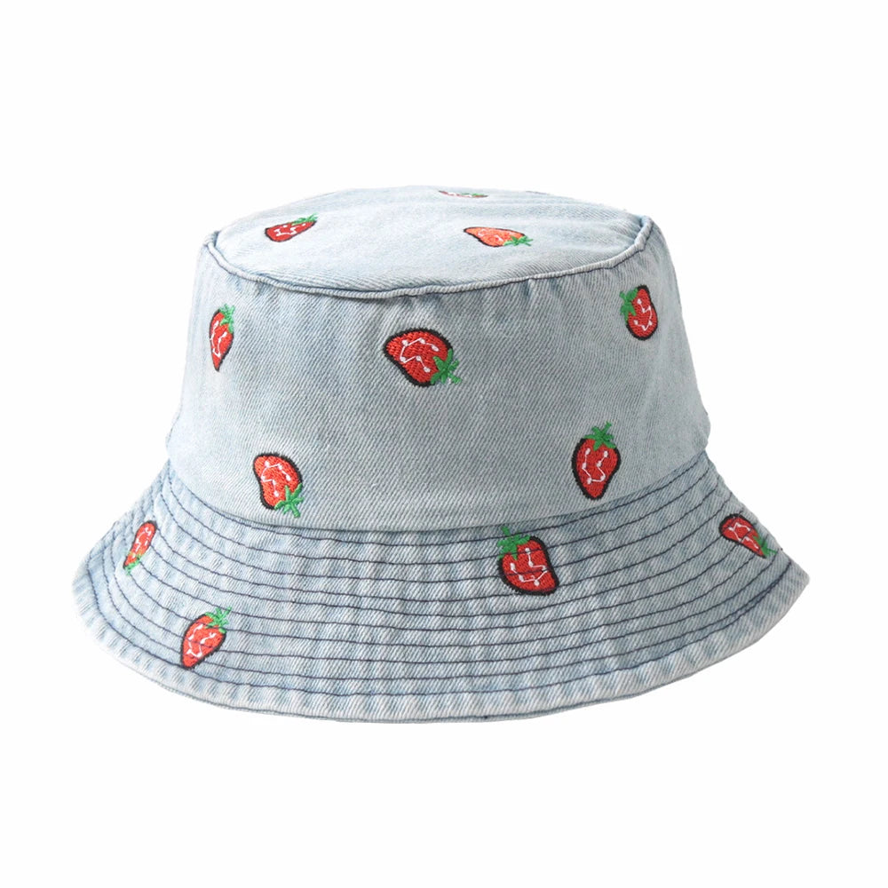 Emboridery Denim Bucket Hat Summer Travel Beach Sun Hats  for Women Men