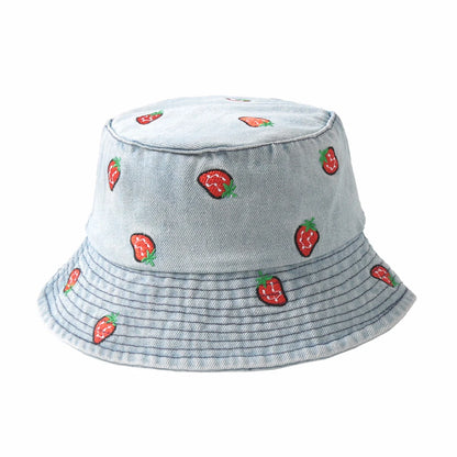 Emboridery Denim Bucket Hat Summer Travel Beach Sun Hats  for Women Men