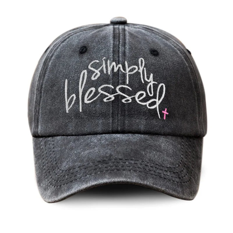 Simply Blessed Wide Brimmed Sunshade, Water Washed Embroidered English Letter Baseball Hat