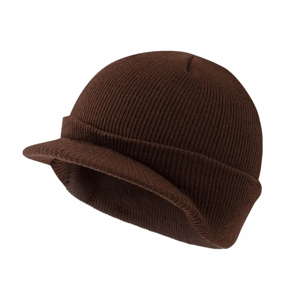 Solid Color Short Brim Beanie Cap Therma Soft Add Plush Lined Hat Outdoor