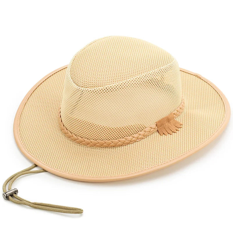 Spring/Summer Men's Wide Brim Sun Hat, Breathable Mesh Cowboy Hat