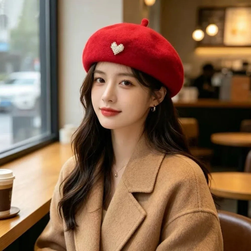 Fashion Warm Winter Wool Berets Hat Heart Shape Retro French Artist Hat