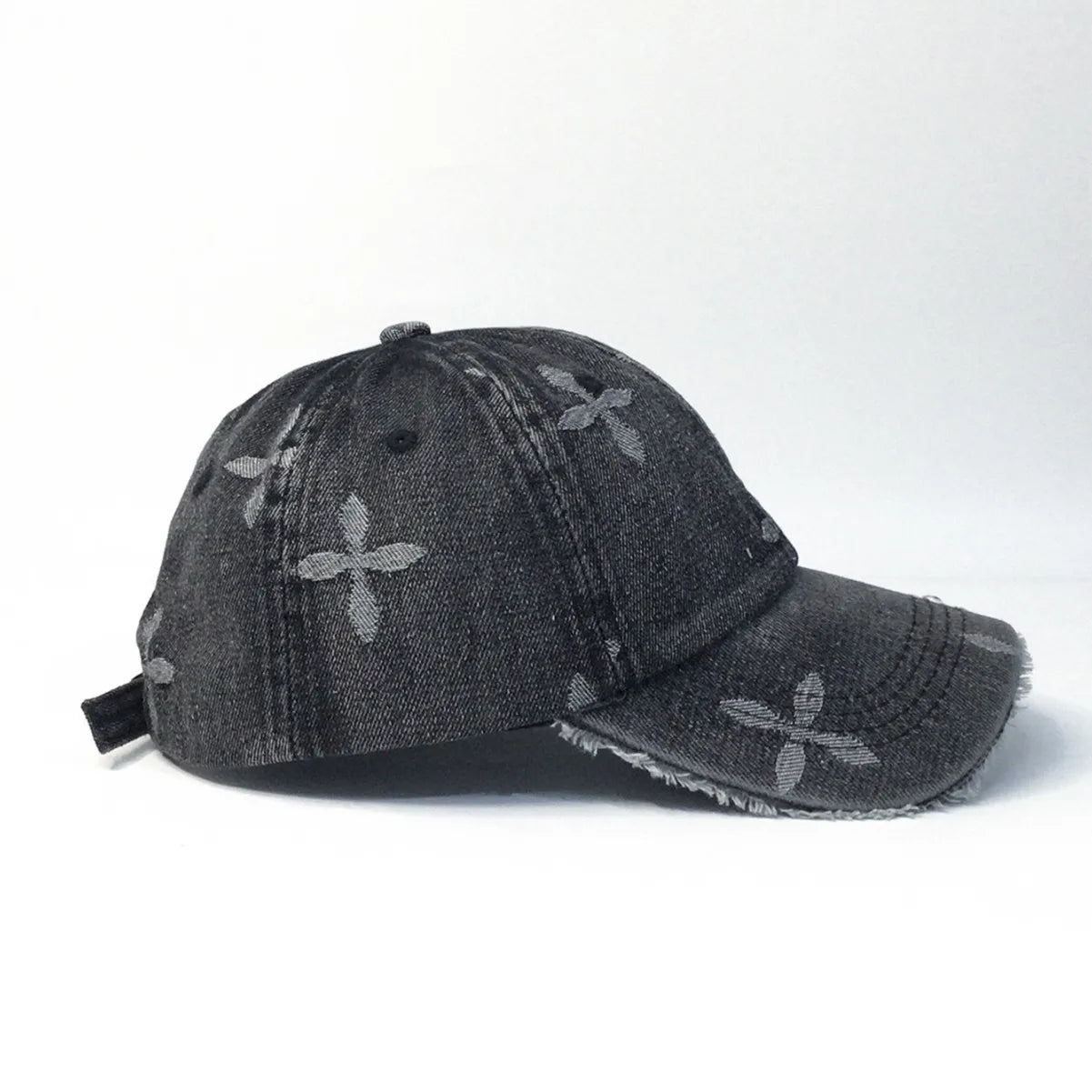 Cross Denim Baseball Cap With Jacquard Fringe, Vintage Distressed, Cropped Edge Cap