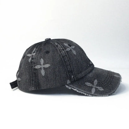 Cross Denim Baseball Cap With Jacquard Fringe, Vintage Distressed, Cropped Edge Cap