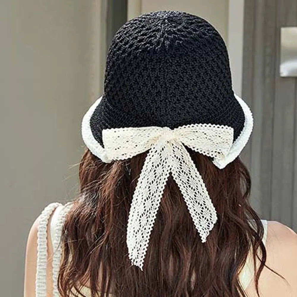 Temperament Knitted Bucket Hat Breathable French Style Bow Fisherman Hat