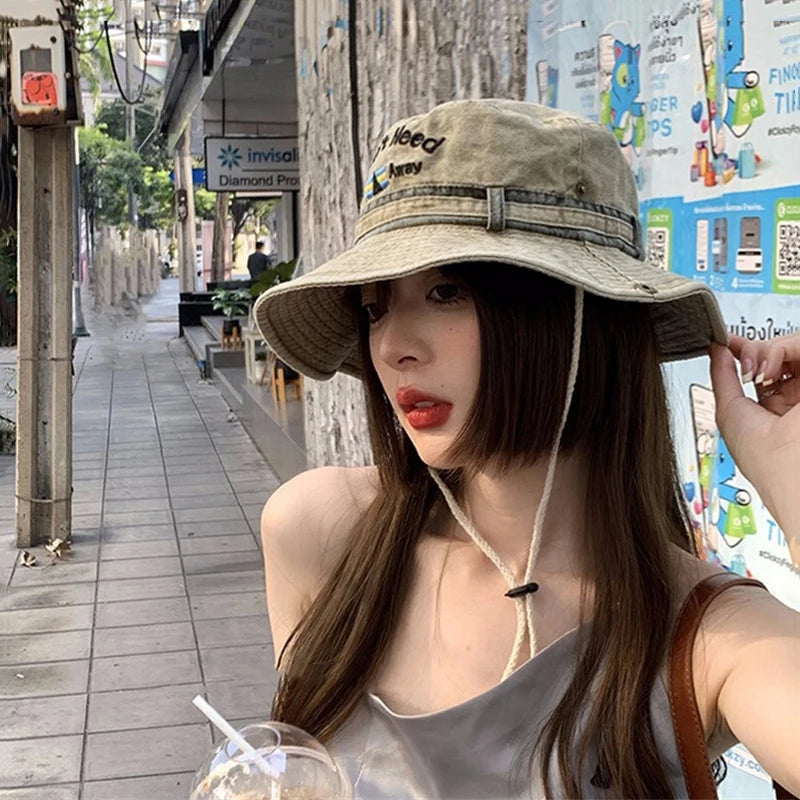 Unisex Washed Denim Bucket Hats Women Fisherman's Hat Letter Embroidery Bob Caps