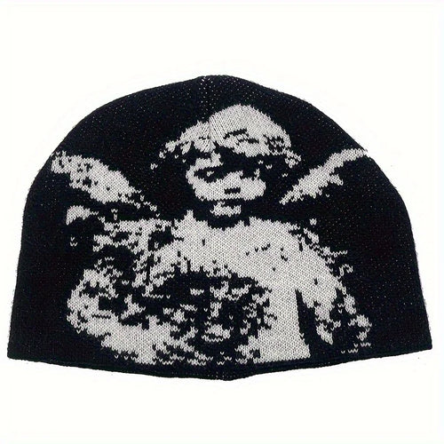 Angel Jacquard Beanie Black & White Edgeless Skull Cap