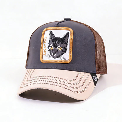 1PC Mesh Baseball Hat, Breathable, Embroidered Lucky Cat Patch, Color Block Streetwear