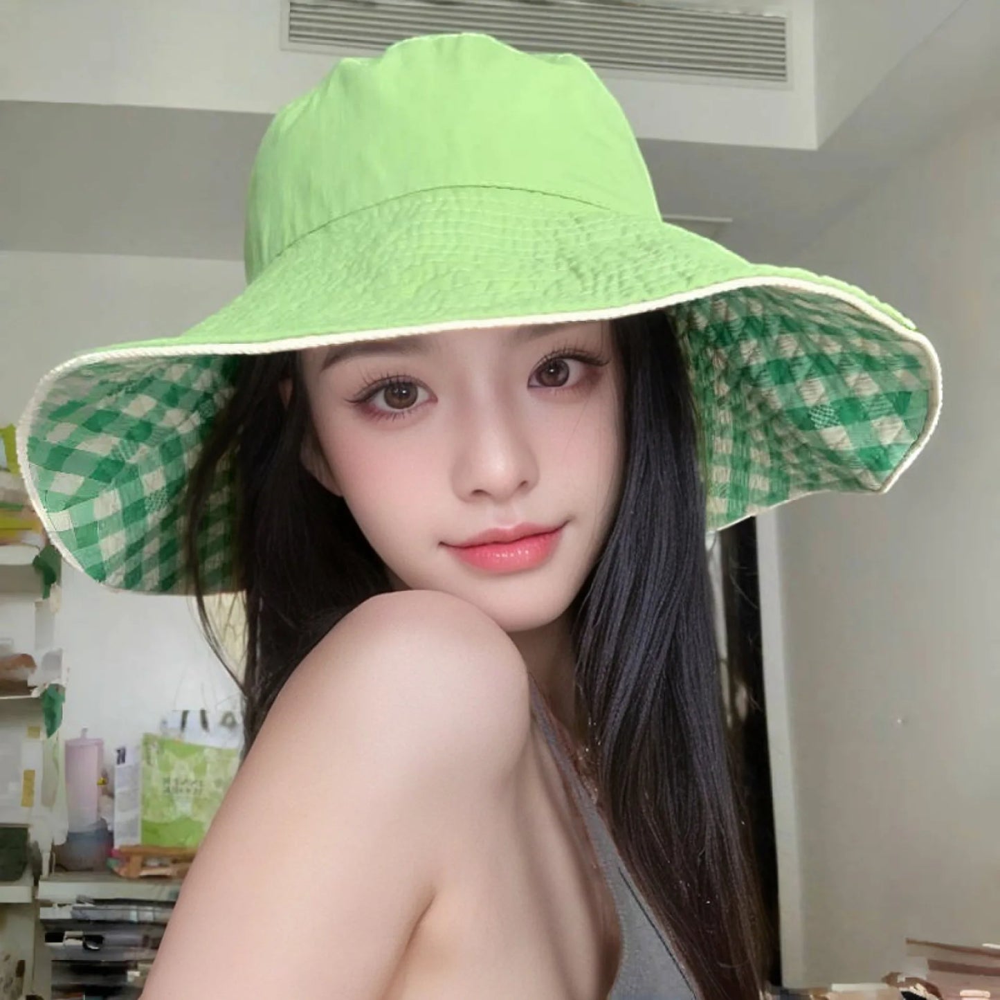 Korean Checkered Strap Fisherman's Hat