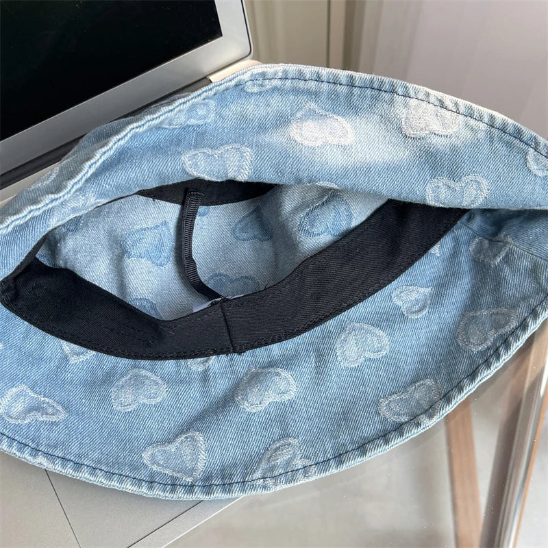 Love Heart Print Denim Bucket Hats for Women