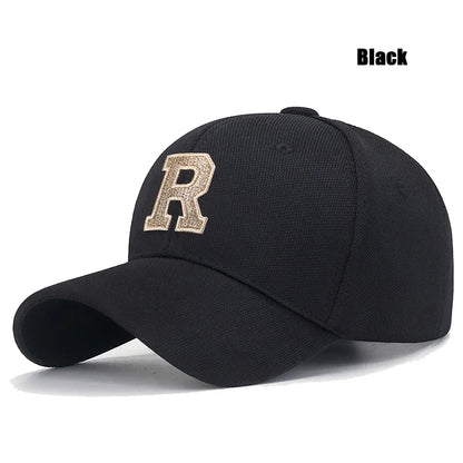 High Quality Cotton Hard Top Baseball Cap Elastic Pineapple Cloth Material Gold Thread Embroidery Craft R Letter Design Style