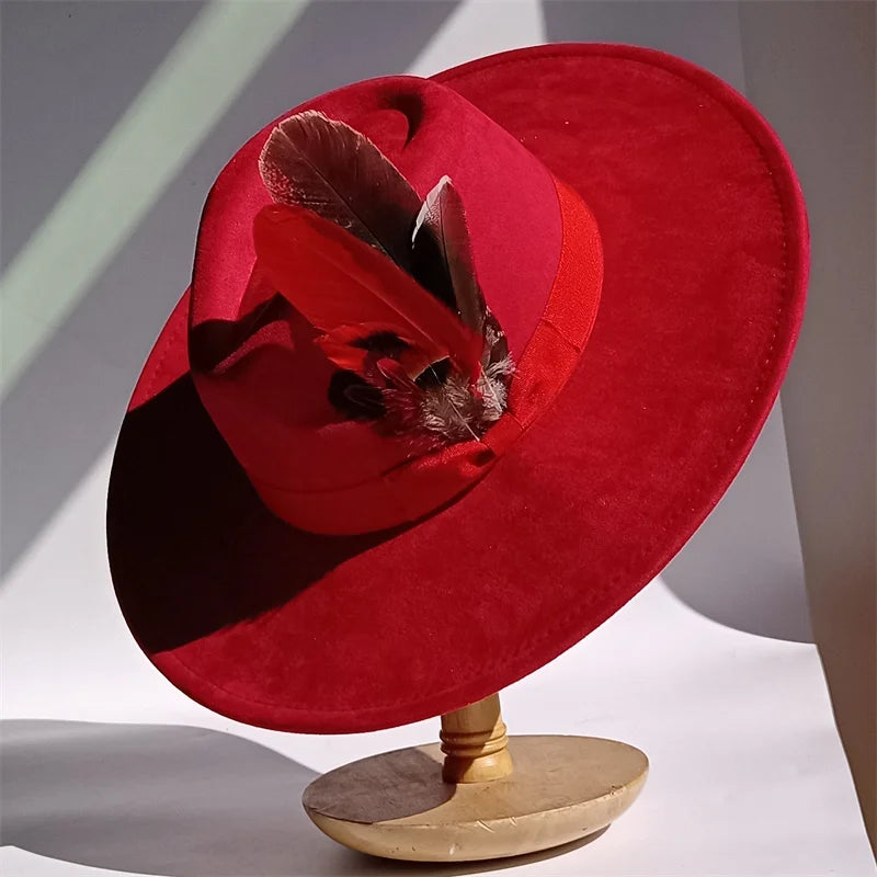 Yellow Bow Feather Suede Top Hat Wide Brim Fedora Hat