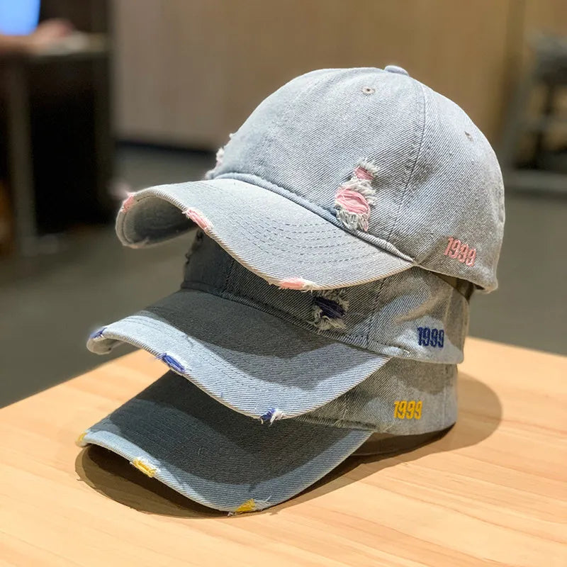 Retro Solid Color Denim Baseball Cap Personalized Fashion Hole Do Old Cap