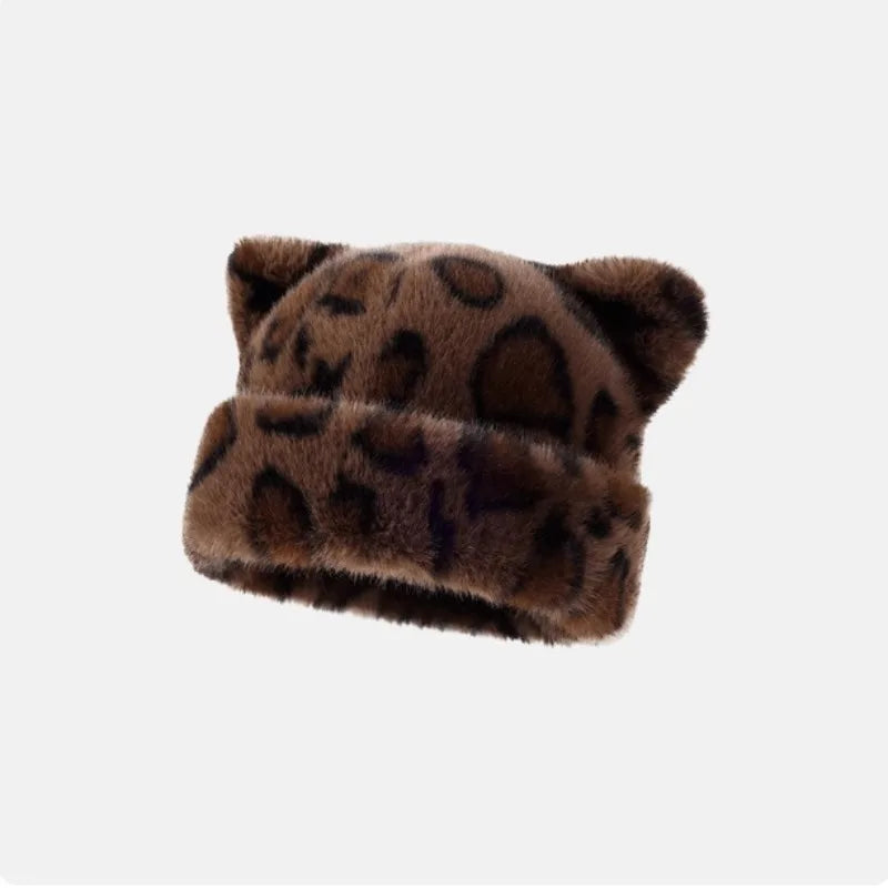 Leopard Print Plush Teddy Bear Hat For Women