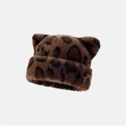 Leopard Print Plush Teddy Bear Hat For Women