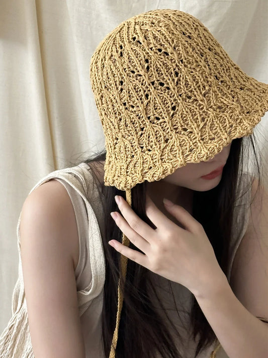 Japanese Knitted Hollow Out Bucket Hat Women's