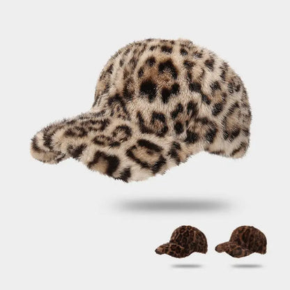 Leopard Print Baseball Cap Women Plush Faux Fur Keep Warm Winter