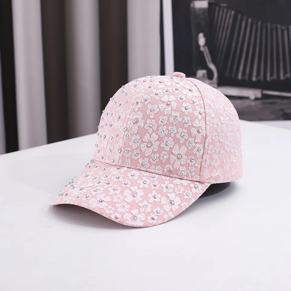 Breathable Floral Baseball Cap Rhinestone Decoration Adjustable