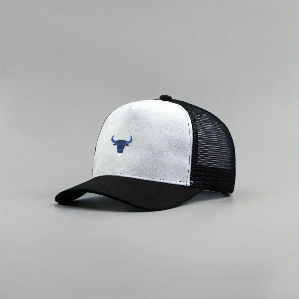 Blue Bull Head Print Unisex Mesh Suede Trucker Hat Spring Summer