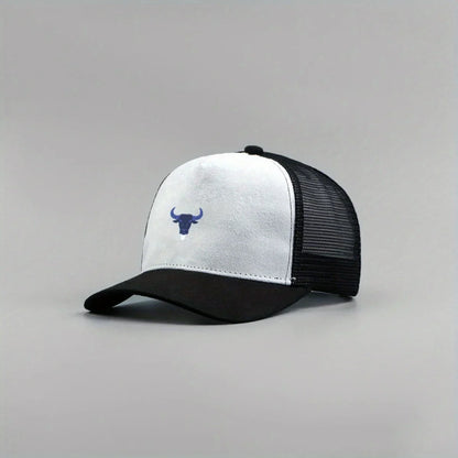 Blue Bull Head Print Unisex Mesh Suede Trucker Hat Spring Summer
