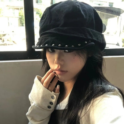 New Gothic Studded Beret Cap Solid Color Black Rivet Trim Beret