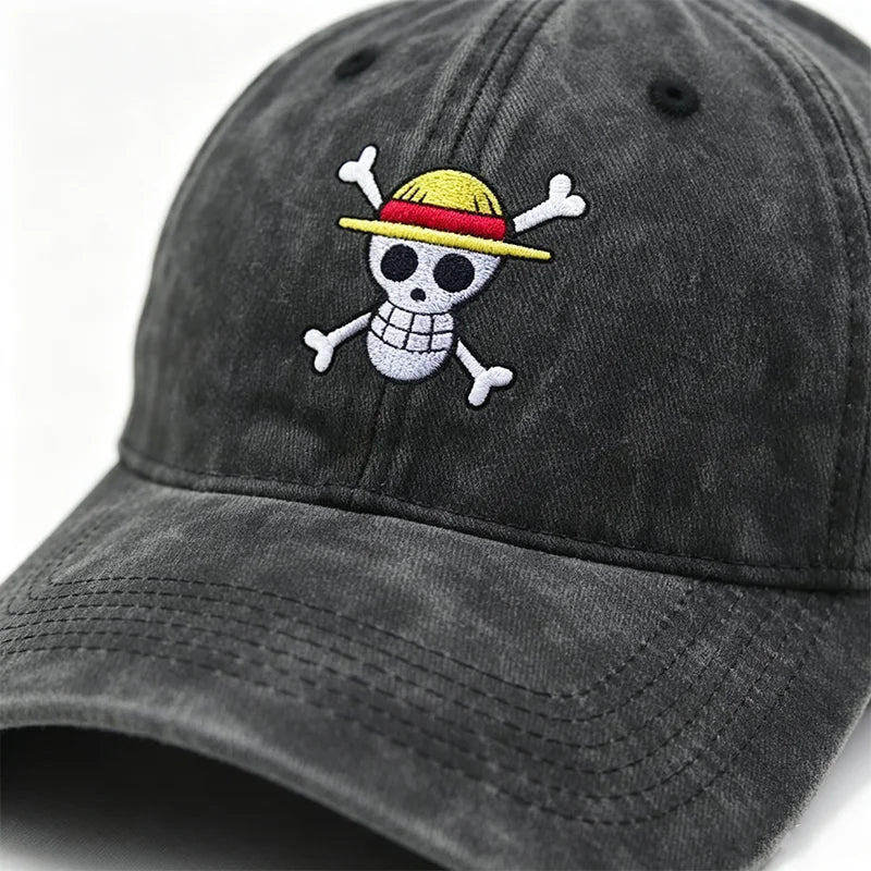 Anime Washed Denim Hats Cosplay Adult Unisex Cap Cartoon Embroidery Luffy Peripheral Fashion  Beanie Hat