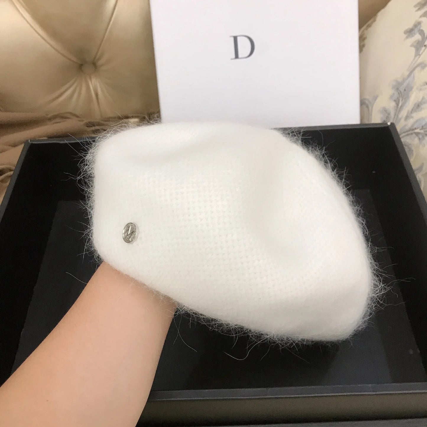 Angora Rabbit Fur Winter Women Knitted Beret Fashion Letter M