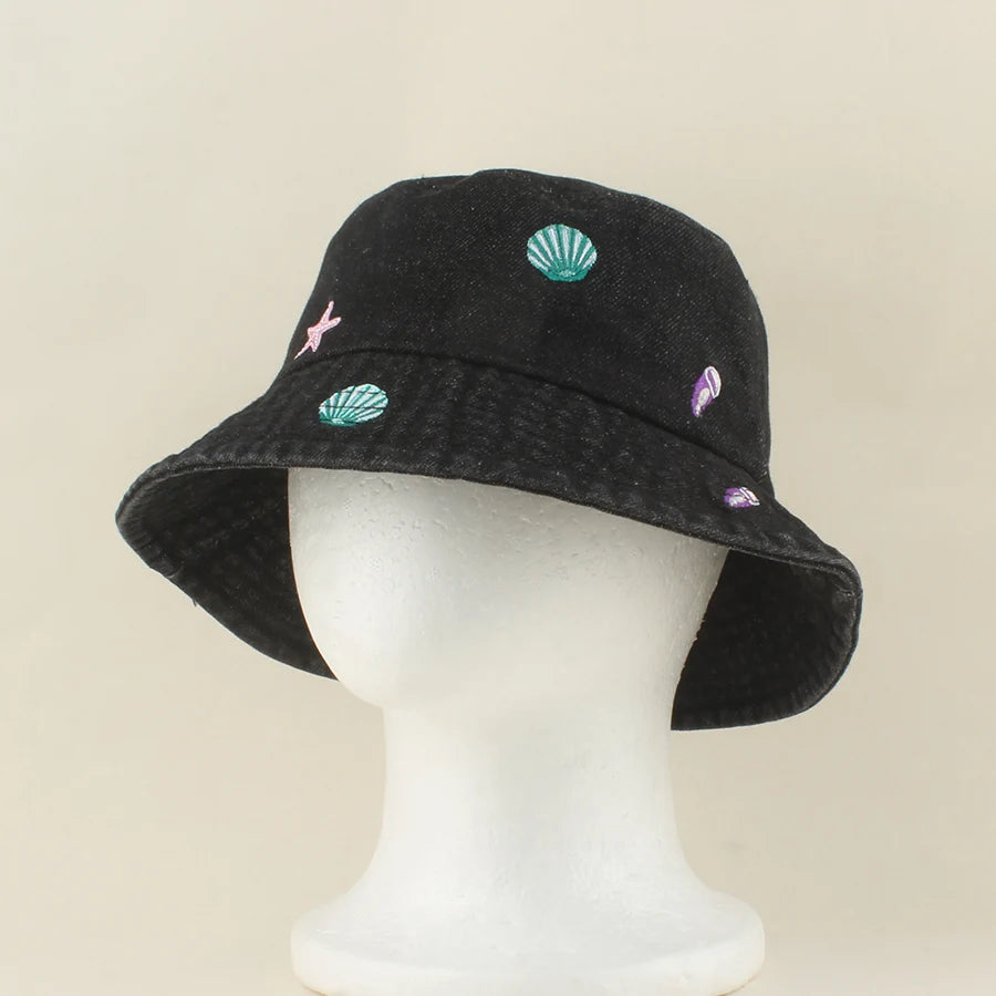 2026 Baby Cute Shell Starfish Crab Embroidery Denim Bucket Hat For Kids