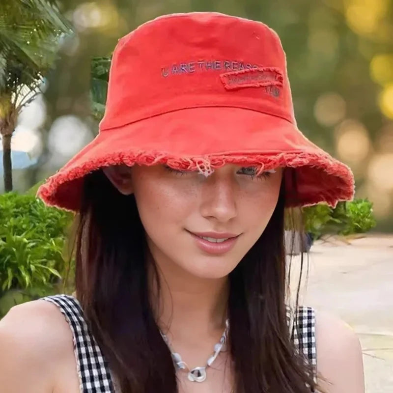 Fisherman Hat Women's Summer Sunscreen Denim Raw Edges Old Korean Version of the Trendy Face Bucket Hat