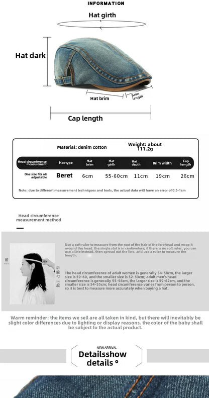 Spring New Washed Denim Hat Men's Beret British Retro Cap