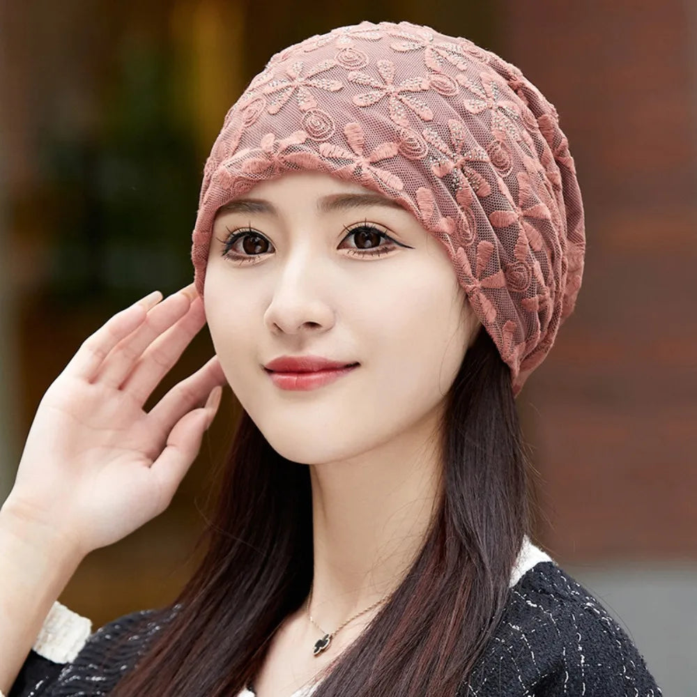 Autumn Lace Flower Beanies Cap Breathable Elegant Thin Crochet Slouchy Hat