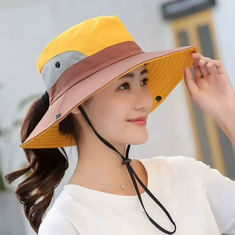 Women's Dual-Tone Sun Hat with Ponytail Hole for Spring, Summer