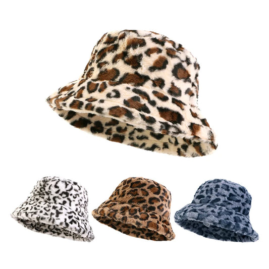 Autumn Winter Leopard Print Bucket Hat Thick Soft Warm Plush Fisherman Hat