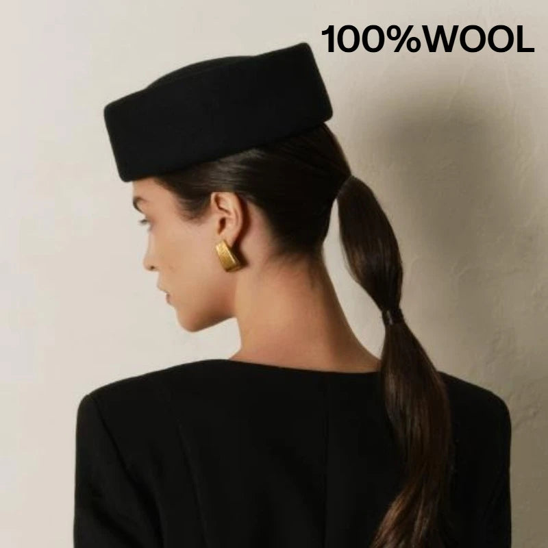 Women Wool Felt Berets Hat Vintage Hard Top Concave Top Fedoras Hats