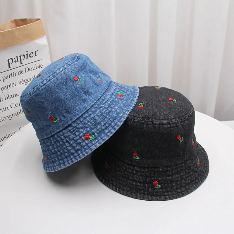 Summer Embroidery Cherry Washed Denim Bucket Hat For Women