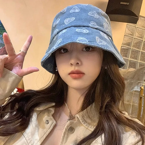 Love Heart Print Denim Bucket Hats for Women