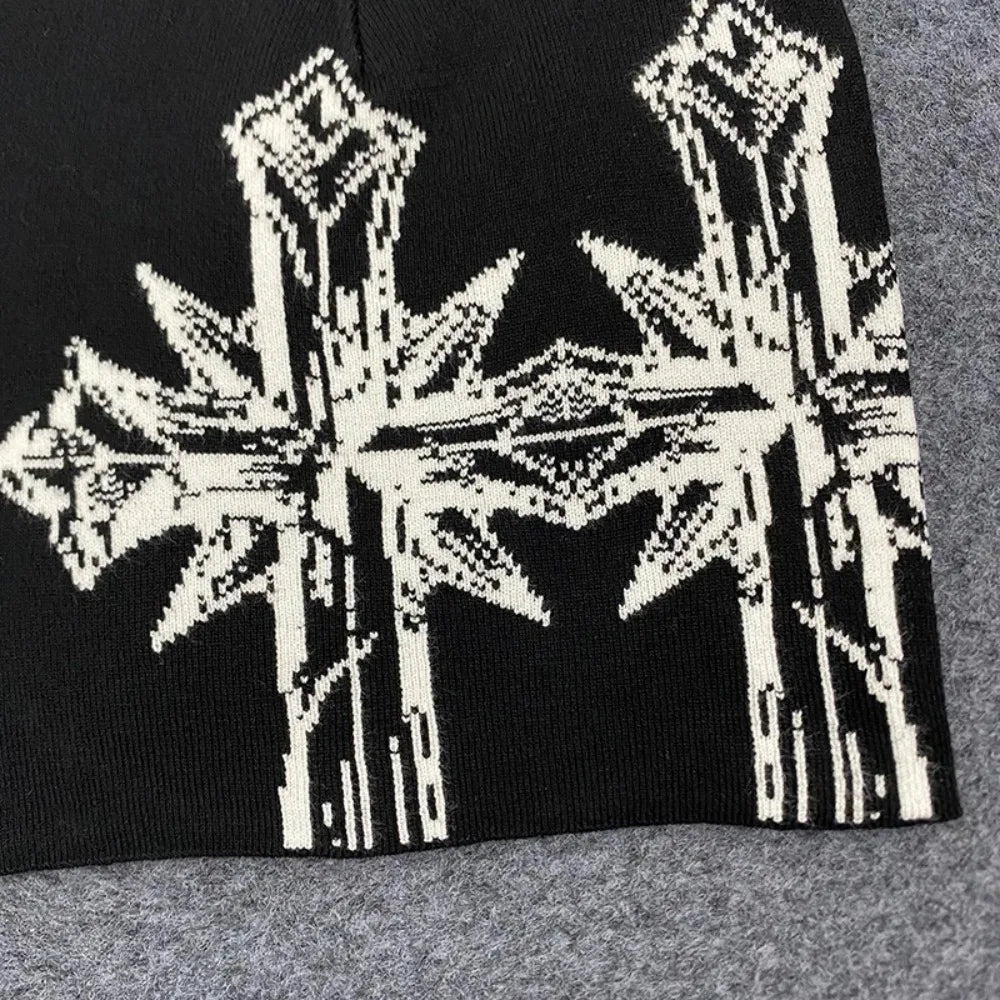 Hip-Hop Composite Knitted Hat Trendy Cross Pattern Jacquard Double-Layer