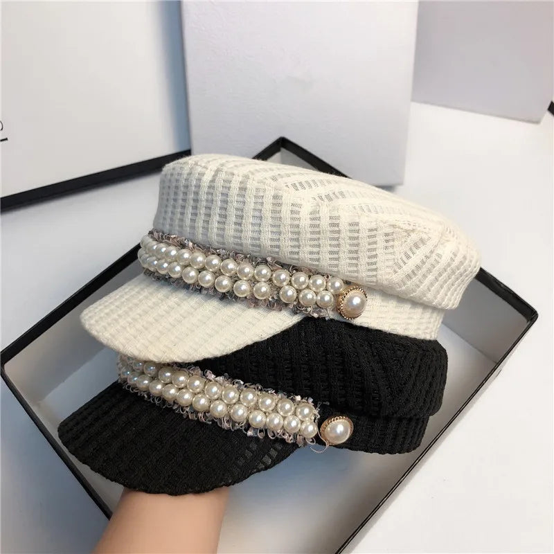Pearl Lace Ribbon Leisure Lady Octagonal Hat