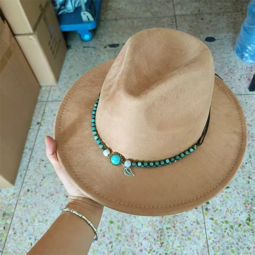 Retro Suede Fedora With Belt Men Western Jazz Hat Vegan Suede Top Hat