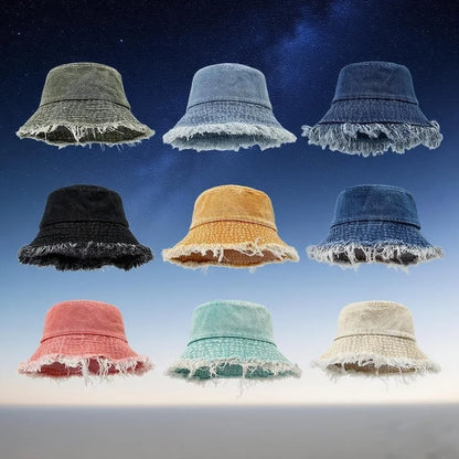 Unisex Trendy Autumn Solid Tassel Edge Washed Denim Summer Bucket Hat For Women