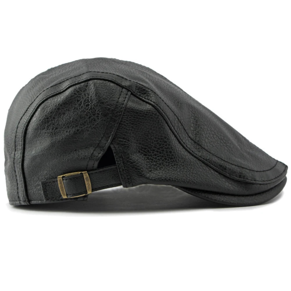PU Leather Beret Cap Men Black White Coffee Ivy Flat Cap