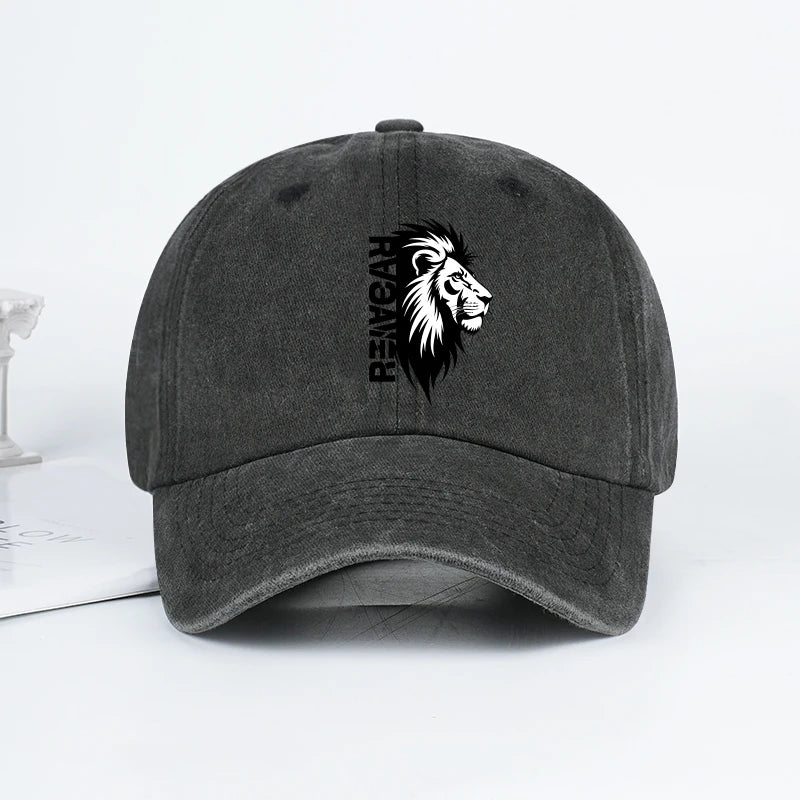 Lion Head RAWR Slogan Printed Washed Baseball Cap Soft Comfortable Lightweight Breathable Adjustable Bold Retro Powerful
