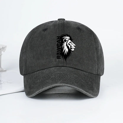 Lion Head RAWR Slogan Printed Washed Baseball Cap Soft Comfortable Lightweight Breathable Adjustable Bold Retro Powerful