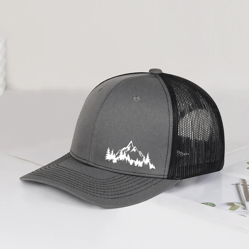 Mountain & Pine Tree Print Trucker Hat