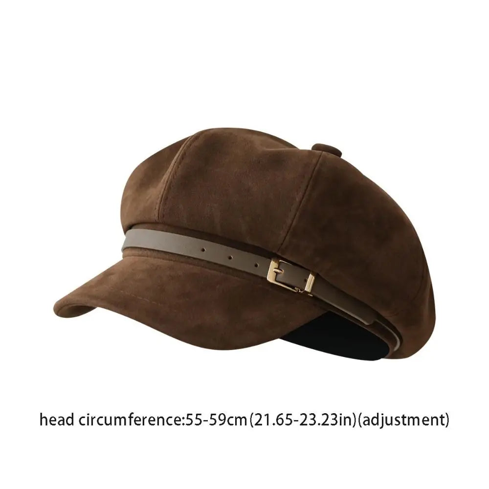 Personality British Style Pu Leather Beret Belt Buckle Brown Suede Octagonal Hat