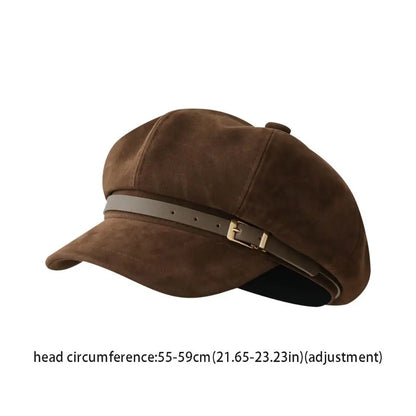 Personality British Style Pu Leather Beret Belt Buckle Brown Suede Octagonal Hat