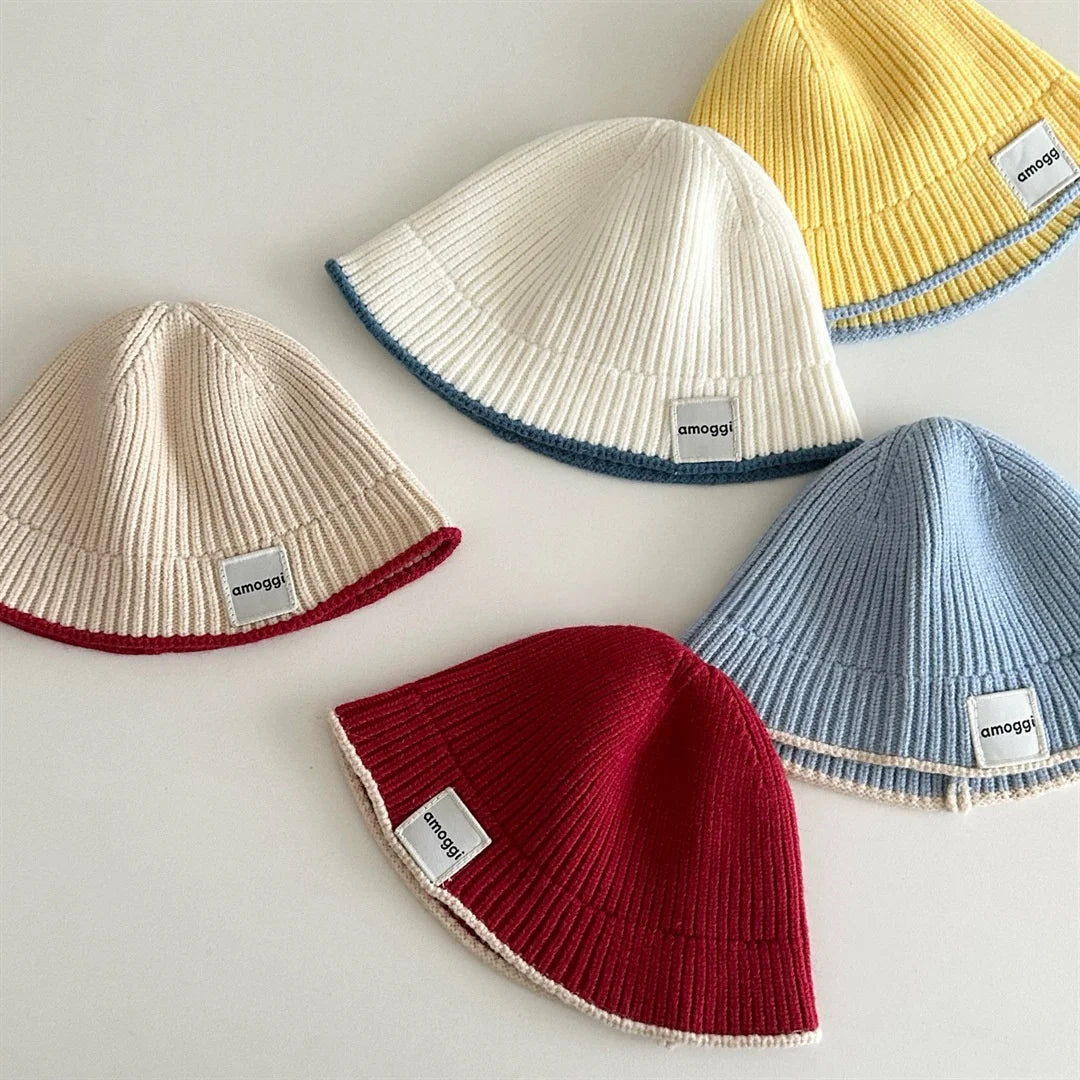 2026 Autumn Korean Baby Bucket Hat Letter Patch Solid Color Knit Hat
